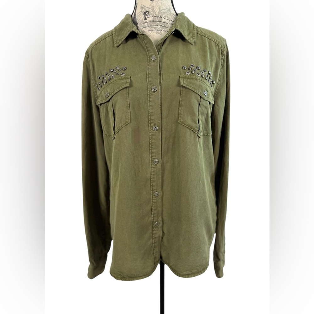 PAIGE Olive Green Studded Utility Button Down Shirt TENCEL Lyocell Size M - Picture 2 of 14